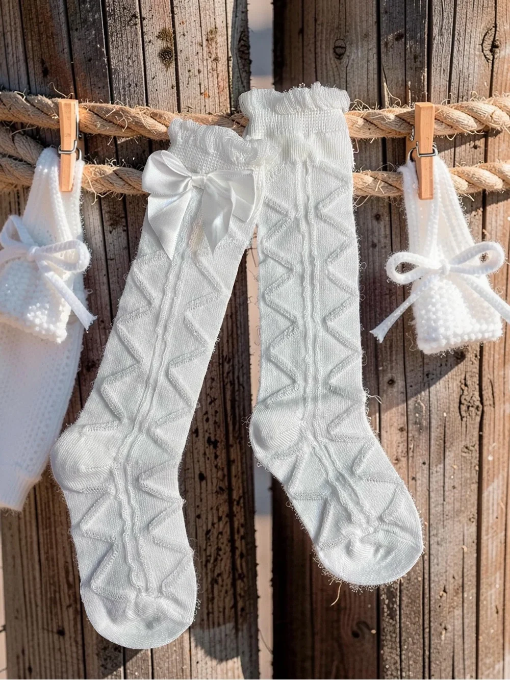 NWT Boutique White Pointelle Chevron Knit Bow Knee High Socks